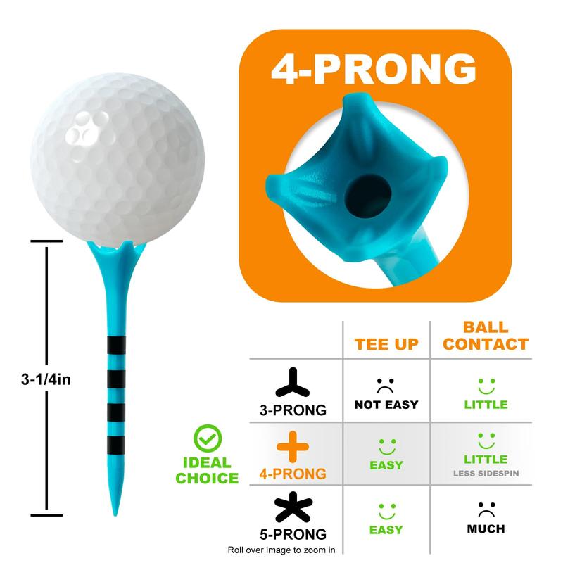 Low Friction & Resistance 4 Prongs Plastic Golf Tees - 100 Pack (2-3 4