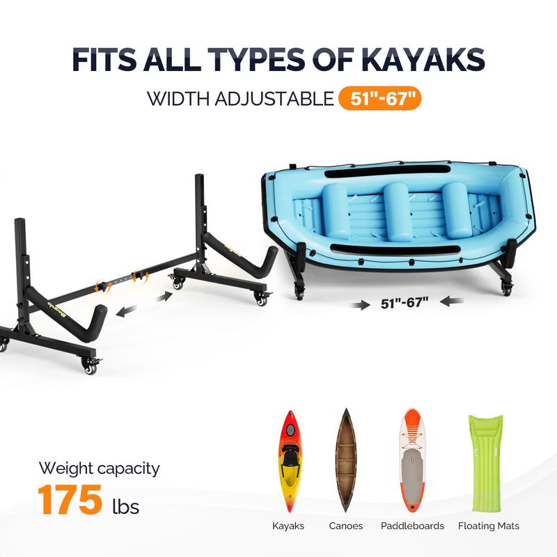 Freestanding Kayak Storage Rack, Suitable for Indoor and Outdoor Garage, Shed, Dock, for Storing Kayaks, Canoes, Paddling, Sup Surfboard, with Locking Wheels, Adjustable Width