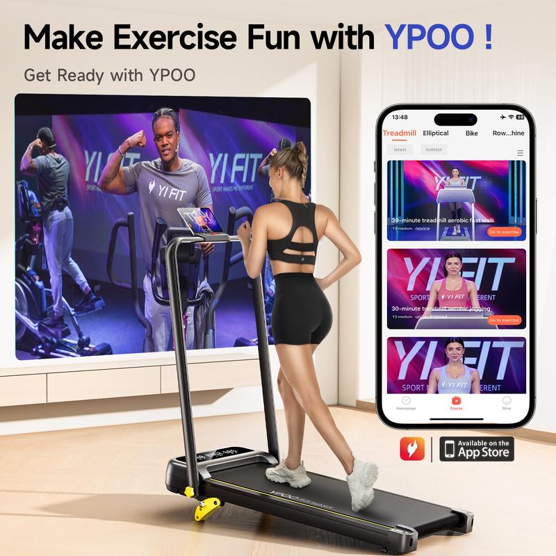 YPOO Incline Under Desk Treadmill 2-in-1 Portable Folding Treadmill with Handbar Remote Control for Adjustment Home Gym Office Workout Machine with APP Teaching LED Display (5 Year Warranty)