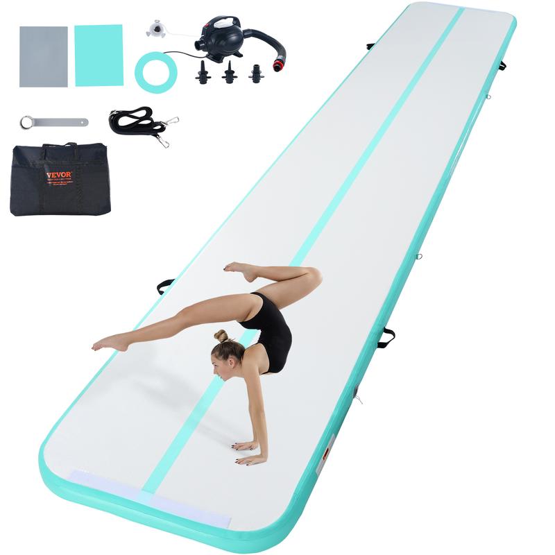 VEVOR Gymnastics Air Mat, 4 inch Thickness Inflatable Gymnastics Tumbling Mat, Tumble Track with Electric Pump, Training Mats for Home Use Gym Yoga Cheerleading Beach Park Water, 20 ft, Mint Green