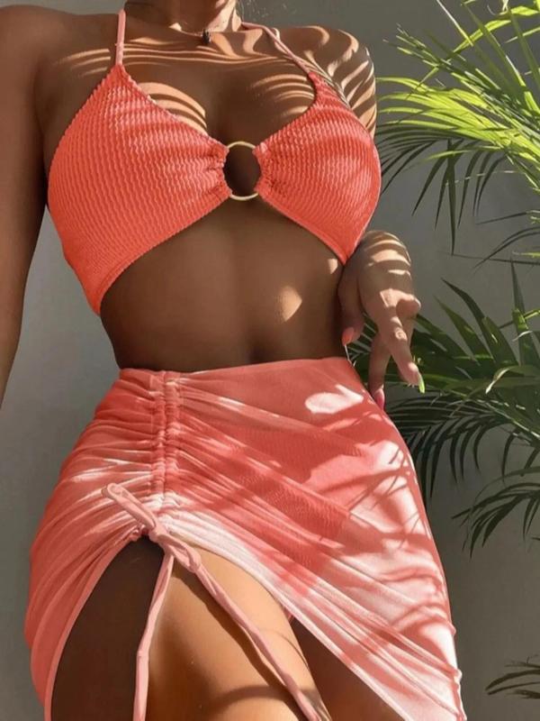 Women's Plain Ring Linked Halter Bikini Top & Drawstring Skirt & High Cut Bikini Bottom Set Bikinis for Summer, Sleeveless Triangle Swimsuit Top & Skirt & Swim Bottom Set, Swimsuit Sets for Women, Bathing Suits 2024, Vacation Sets