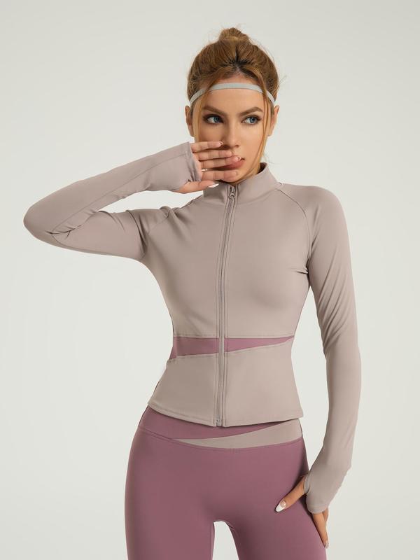Women's Colorblock Zip Up Thumb Hole Design Sports Jacket, Sports Long Sleeve Zip Front Cycling Top for Gym Workout Running, Ladies Sportswear for All Seasons