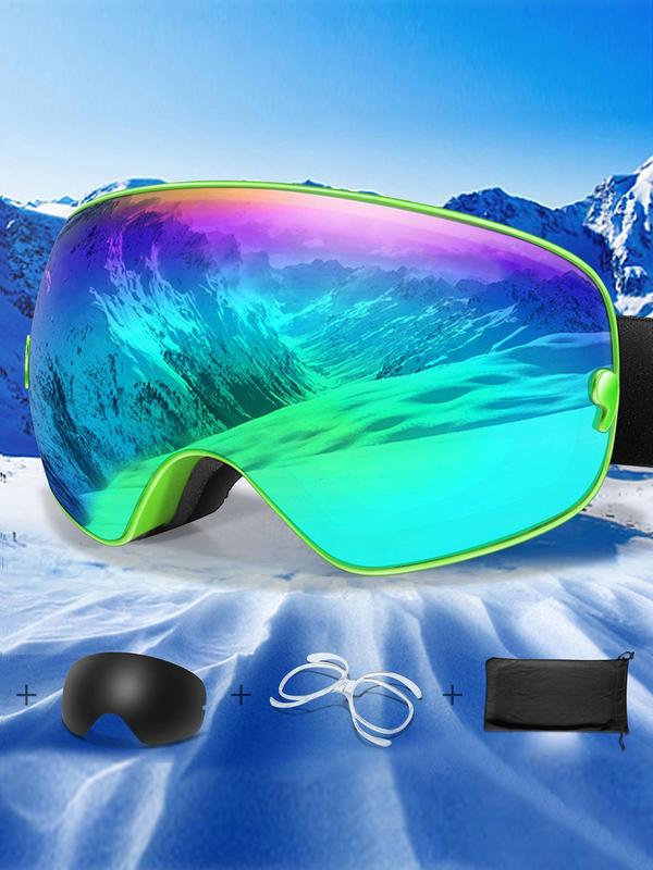 Ski Goggles, OTG Ski Goggles with Replacement Lens & Storage Bag & Eyeglass Cloth, UV 400 Protective Skiing Sunglasses, Sports Eyewear for Men & Women