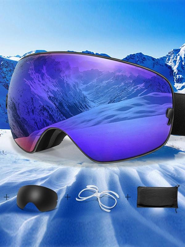 Ski Goggles, OTG Ski Goggles with Replacement Lens & Storage Bag & Eyeglass Cloth, UV 400 Protective Skiing Sunglasses, Sports Eyewear for Men & Women