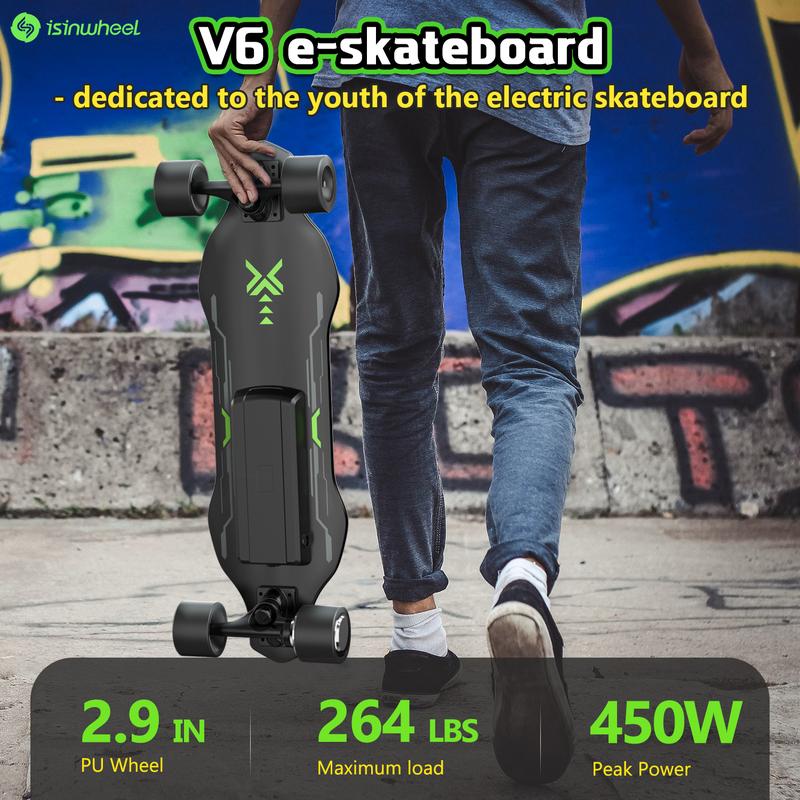  isinwheel V6 Electric Skateboard, 450W Peak Power, 10 Miles Max Range, 12 MPH Top Speed, 3 Speed modes, 8 Layers Maple E-Skateboard with Remote Control for Teenager