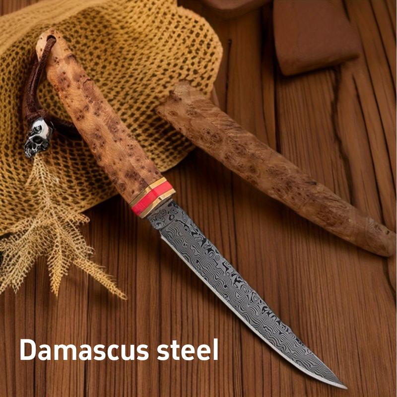 1PC High Quality Damascus Steel Knife - Outdoor Camping Knife - Solid Wood Handle and Scabbard - Household Fruit Knife - Steak Knife - Exquisite Gift