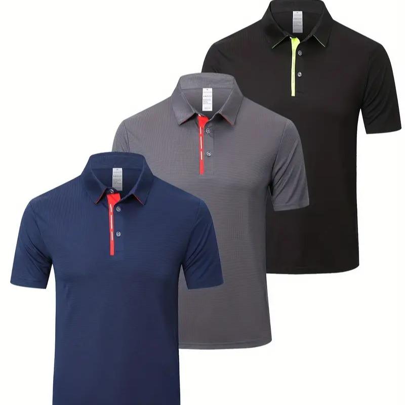 3-piece men's polo shirt breathable and quick drying golf polo shirt with contrasting collar, outdoor sports T-shirt with 3 buttons