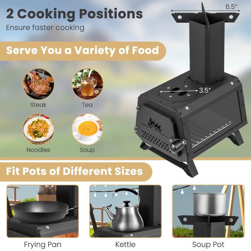 FestivalJoy-Portable Wood Camping Burning Stove Heater with 2 Cooking Positions