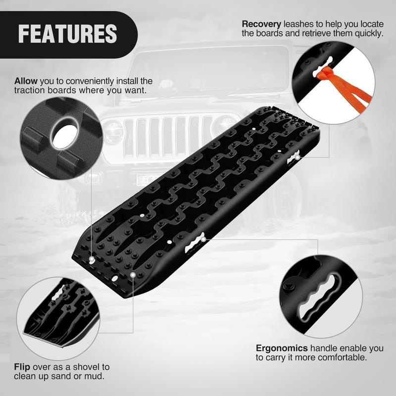 Nilight Recovery Off-road Traction Boards Emergency Tire Ladder Mats For 4WD 4X4 Mud Sand Snow with 2PCS Mounting kit Zipper Bag 2 leashes (Black)