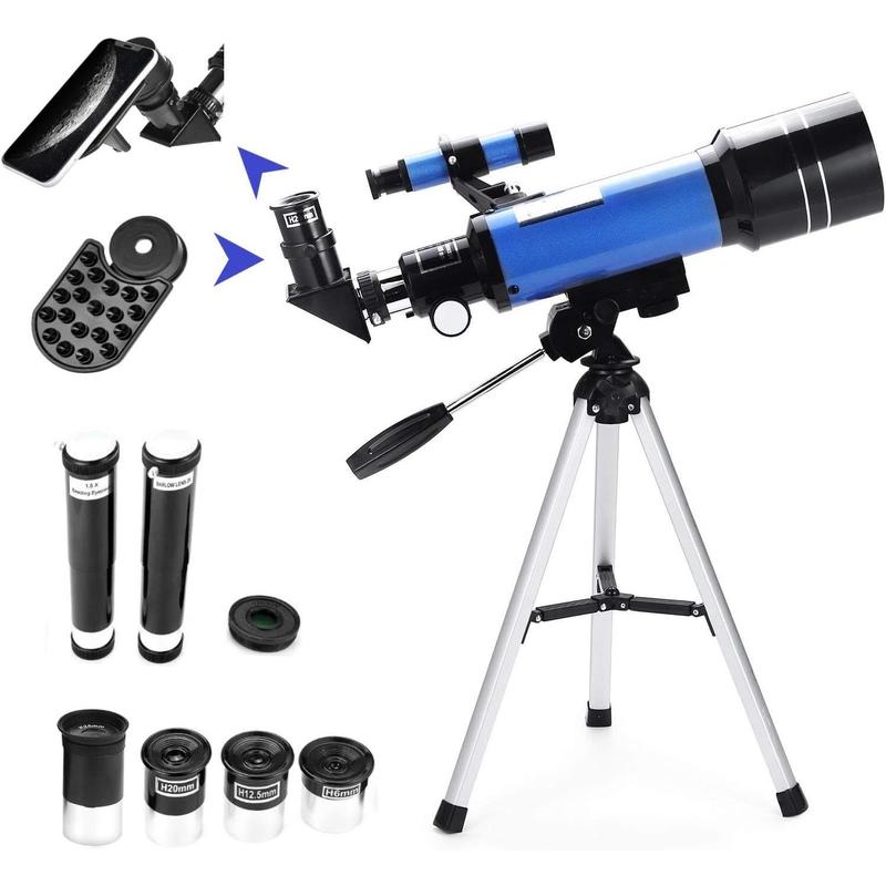 70mm Telescope for  & Astronomy Beginners, Refractor Telescope with Tripod & Finder Scope, Portable Telescope with 4 Magnification eyepieces & Phone Adapter Blue