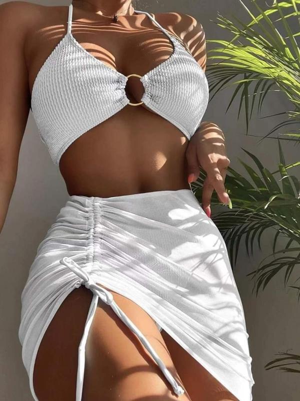 Women's Plain Ring Linked Halter Bikini Top & Drawstring Skirt & High Cut Bikini Bottom Set Bikinis for Summer, Sleeveless Triangle Swimsuit Top & Skirt & Swim Bottom Set, Swimsuit Sets for Women, Bathing Suits 2024, Vacation Sets