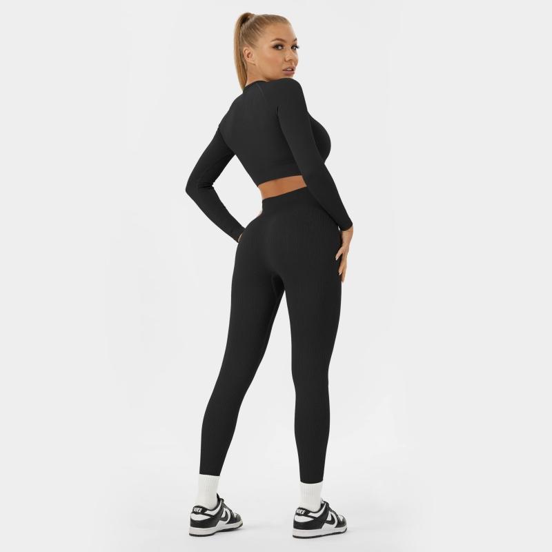 Two-piece Set Women's Solid Color Long Sleeve Round Neck Top & Leggings Tracksuit Set, Sporty Comfy Breathable,  High waist matching