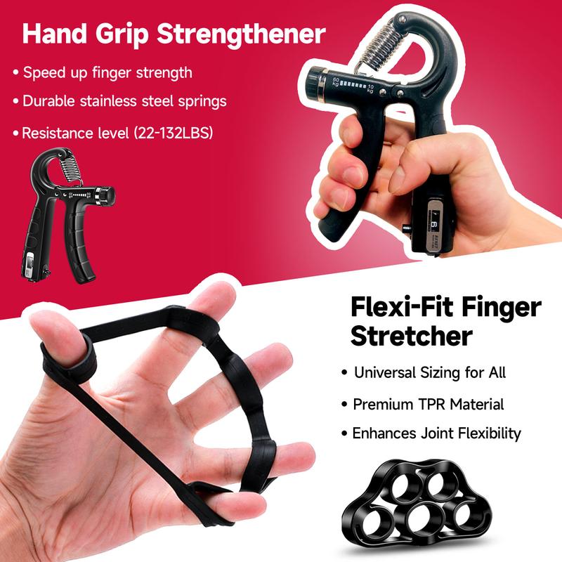 FitBeast Counting Hand Grip Strengthener Workout Kit (5 Pack), 2 Forearm Grip Adjustable Resistance Hand Gripper, Finger Stretcher, Grip Ring & Stress Relief Grip Ball for Athletes