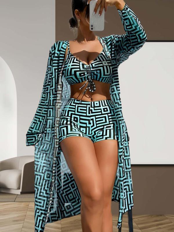 Three-Piece Set Women's Geometric Print Drawstring Swimsuit Set, Casual Long Sleeve Open Front Cover Up & Ruched Swim Bra & High Waist Swim Shorts Set, Ladies Swimwear for All Seasons