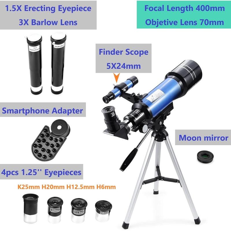 70mm Telescope for  & Astronomy Beginners, Refractor Telescope with Tripod & Finder Scope, Portable Telescope with 4 Magnification eyepieces & Phone Adapter Blue