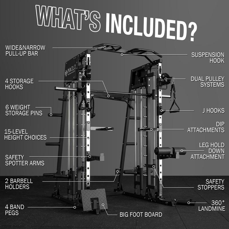 Mikolo Smith Machine, 2200lbs Squat Rack with LAT-Pull Down System & Cable Crossover Machine, Training Equipment with Leg Hold-Down Attachment