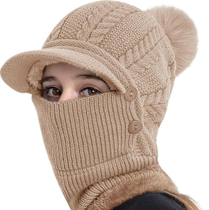 Winter Warm Knit Hat with Scarf, Windproof Knit Hat with Ear Cover, Outdoor Sports Hat for Skiing, Snowboarding, Cycling, Running, Hiking