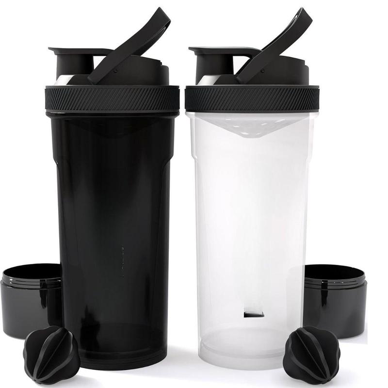 Shaker Bottle 2 Pack - 24 Ounce Plastic Protein Shaker Bottle for Pre & Post workout with Twist & Lock Protein Box Storage (All Black & Clear Black)