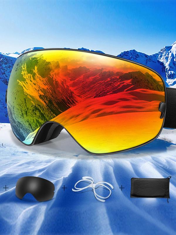 Ski Goggles, OTG Ski Goggles with Replacement Lens & Storage Bag & Eyeglass Cloth, UV 400 Protective Skiing Sunglasses, Sports Eyewear for Men & Women