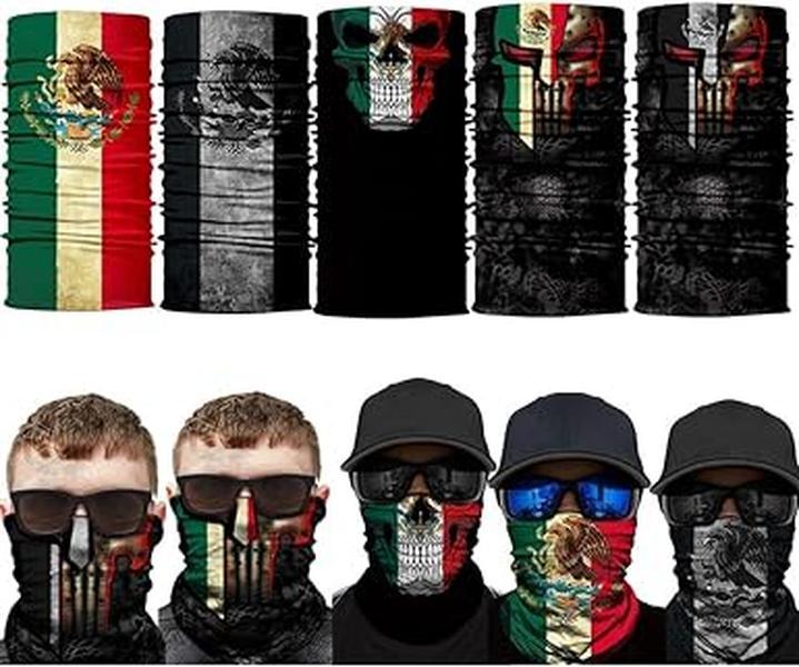 5PCS Skull Face Scarf Tube Bandana Headband Headwear for Motorcycle Riding Biker: Skeleton Mexico Flag Neck Gaiter Scarf