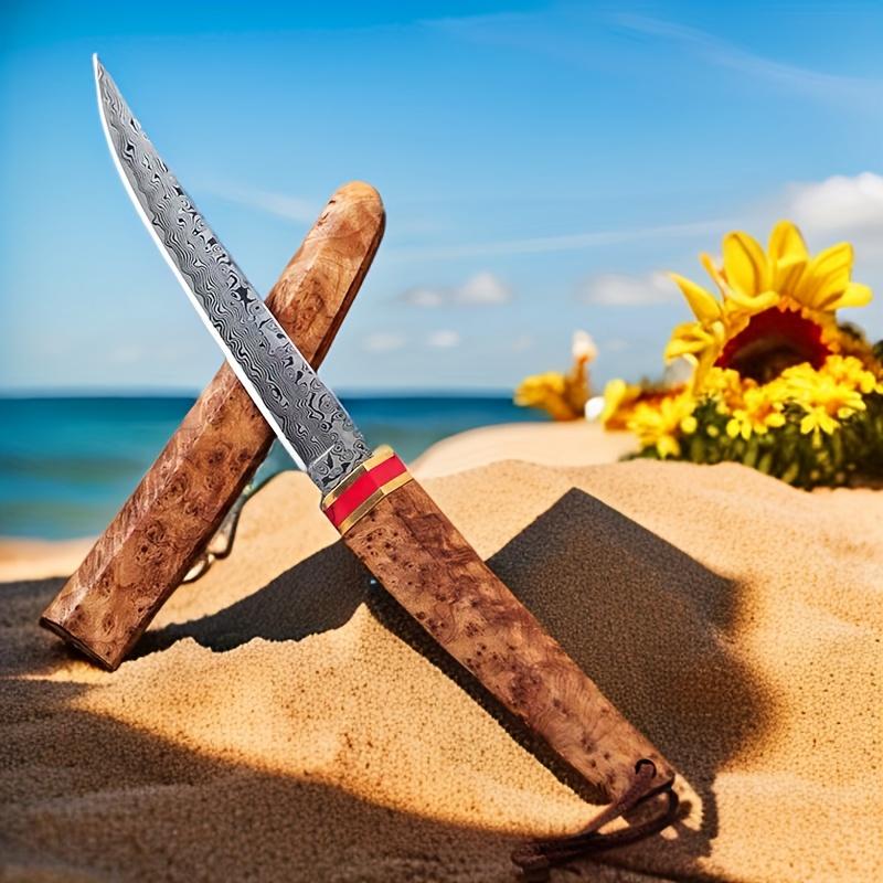 1PC High Quality Damascus Steel Knife - Outdoor Camping Knife - Solid Wood Handle and Scabbard - Household Fruit Knife - Steak Knife - Exquisite Gift