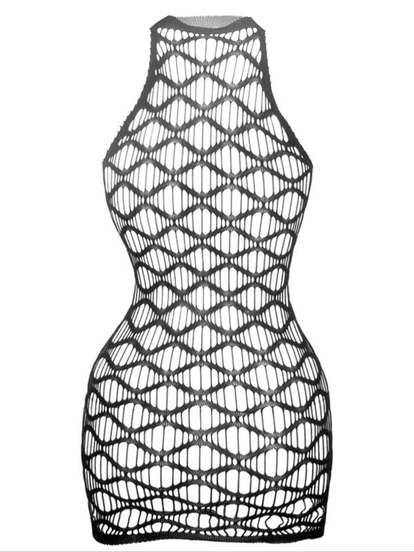 Women's Solid Hollow Out Sheer Fishnet Cover Up Dress, Casual Sleeveless Halter Neck High Waist Cover Up Dress for Summer, Ladies Swimwear for Beach Holiday Vacation