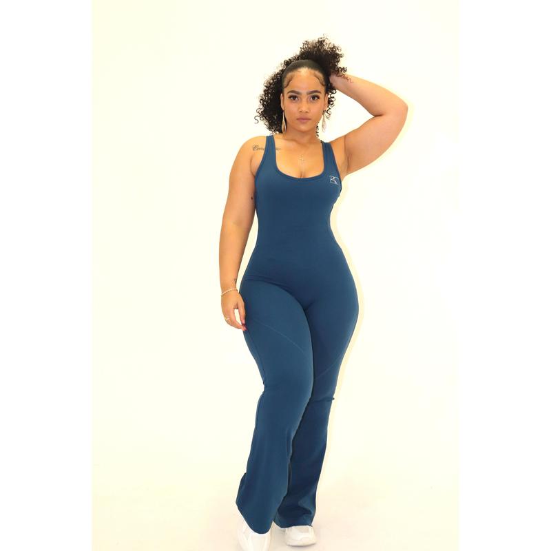 Teal Backless Flare Leg Jumpsuit Gym Womenswear