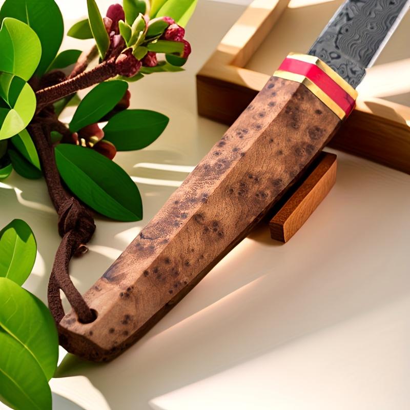 1PC High Quality Damascus Steel Knife - Outdoor Camping Knife - Solid Wood Handle and Scabbard - Household Fruit Knife - Steak Knife - Exquisite Gift