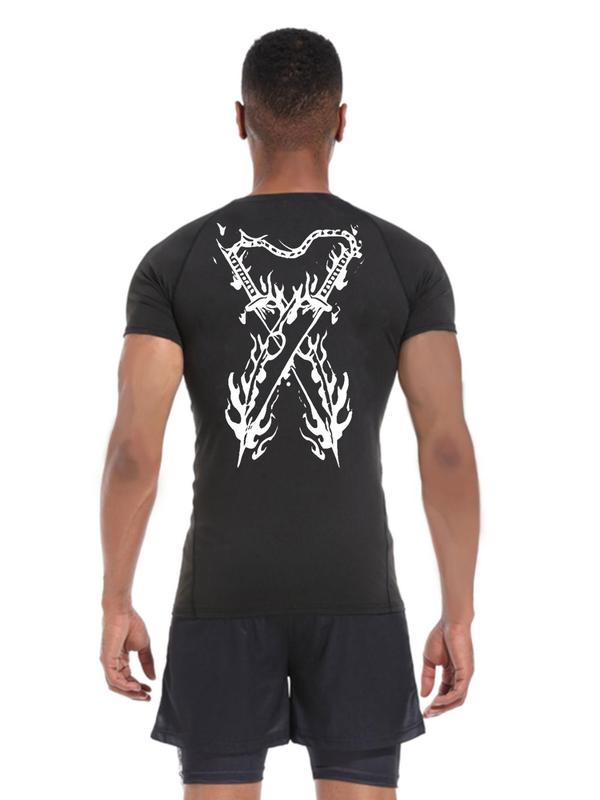 Men's Regular Fit Fire & Sword Print Round Neck Sports Tee, Quick Drying Breathable Crew Neck Short Sleeve T-shirt for Gym Workout Running, Casual Sporty Top for Men