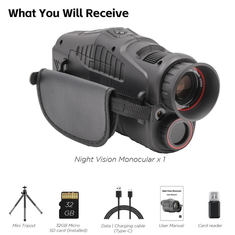 USB Rechargeable Night Vision Monocular, Infrared Goggles Binocular, Night Vision Surveillance Monocular with 32GB Card & Mini Tripod