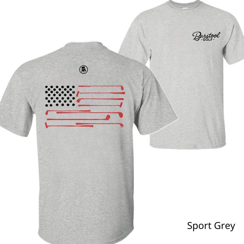 Barstool Golf T-Shirt - Featuring a unique American flag design made from golf clubs, ideal for golf lovers and sports enthusiasts. Unisex.