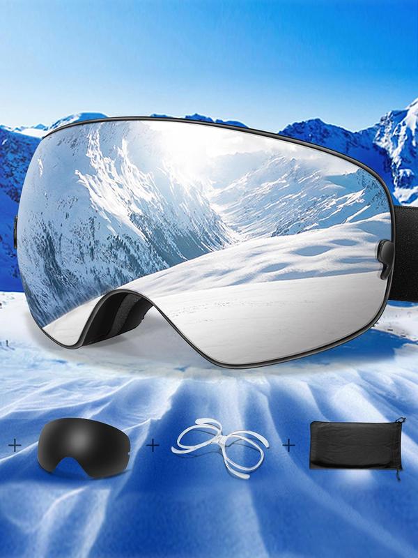 Ski Goggles, OTG Ski Goggles with Replacement Lens & Storage Bag & Eyeglass Cloth, UV 400 Protective Skiing Sunglasses, Sports Eyewear for Men & Women