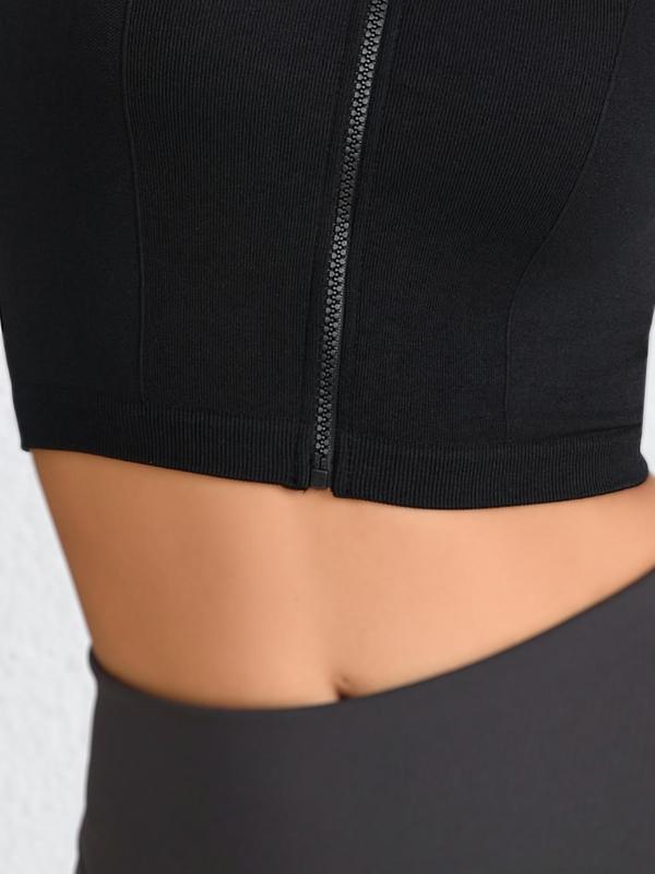 Women's Solid Zip Up Crop Sports Jacket, Sporty Long Sleeve Stand Collar Outerwear for Yoga Gym Workout, Ladies Sportswear for Spring & Fall