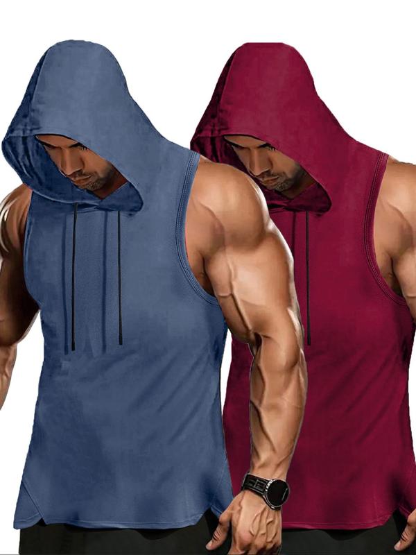 Men's Solid Drawstring Hooded Top, Casual Sleeveless Hoodie for Summer, Breathable Men's Top for Outdoor Sports