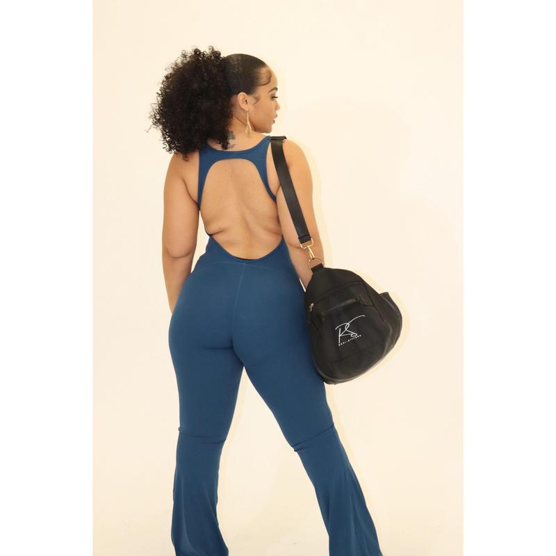 Teal Backless Flare Leg Jumpsuit Gym Womenswear