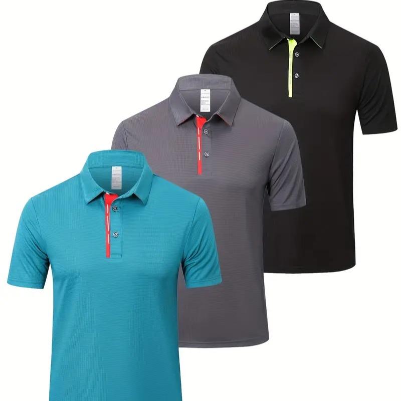 3-piece men's polo shirt breathable and quick drying golf polo shirt with contrasting collar, outdoor sports T-shirt with 3 buttons