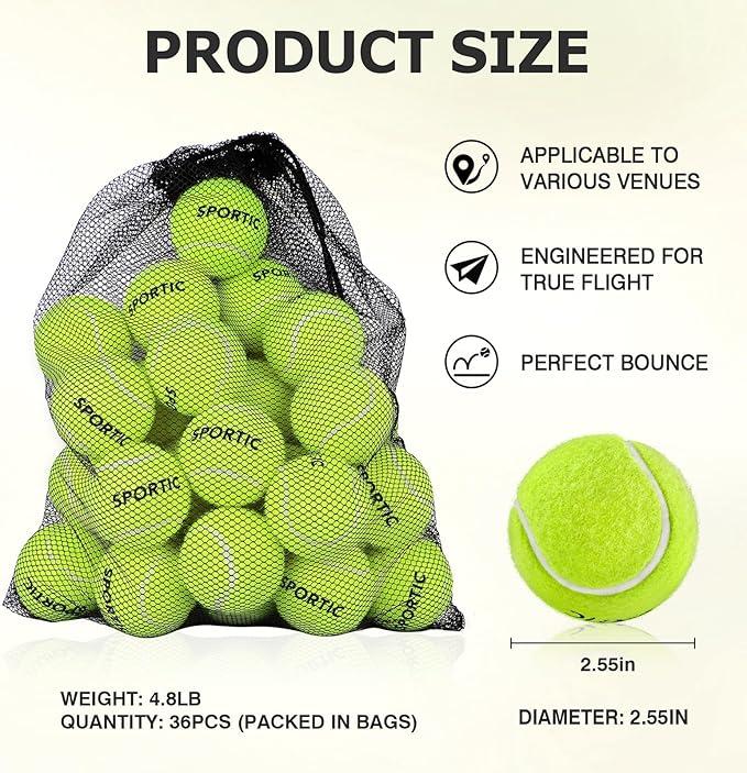 SPORTIC Tennis Balls ，Duty Felt Pressurized with Mesh Bag for 36PC -High Bounce Training Exercise Tennis Balls for Beginners & Pet Dog Playing Balls