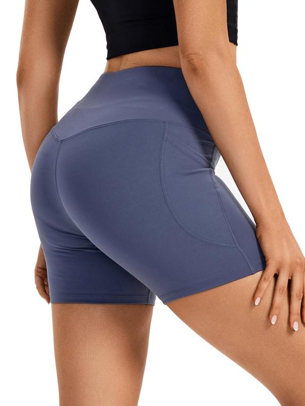 Women's Plain Cross Wrap High Waist Sports Gym Shorts, Casual Comfy Breathable Pocket Biker Shorts for Gym Yoga Workout Running, Ladies Sportswear for All Seasons