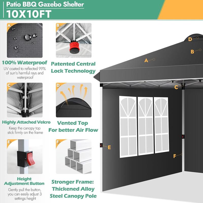 Pop Up Canopy Tent 10x10 - with 4 Removable Sidewalls, 210D PU Silver Coated Tarp, Roller Bag and 4 Sandbags, Sun Shelter Instant Up Gazebo for Outdoor Events Backyard Garden Camping Commerce