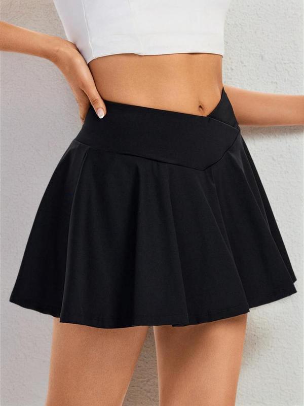 Women's Solid Wrap High Waist 2 IN 1 Sports Skort, Casual Sporty Pocket Plicated Skort for Tennis Golf Gym Yoga, Ladies Gym Shorts Sportswear for Summer