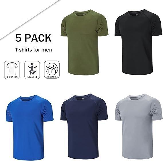 5 Pack Running Tops Men Casual Crew Neck Shirts Workout Plain Dry Fit Gym Top Moisture Wicking Active Athletic T-Shirts Short Sleeve Sports Tops