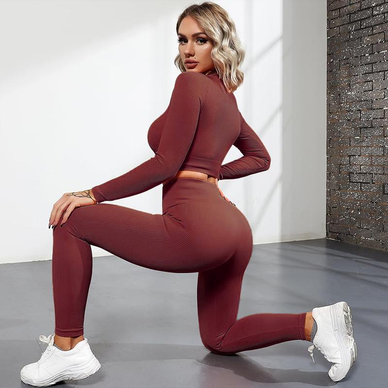 Two-piece Set Women's Solid Color Long Sleeve Round Neck Top & Leggings Tracksuit Set, Sporty Comfy Breathable,  High waist matching