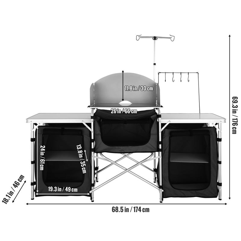 VEVOR Camping Kitchen Table, Folding Outdoor Cooking Table with Storage Carrying Bag, Aluminum Cook Station 3 Cupboard & Detachable Windscreen, Quick Set-up for Picnics, BBQ, RV Traveling, Black