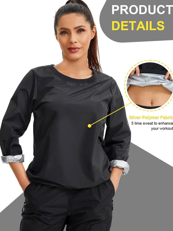 Women's Round Neck Long Sleeve Sauna Top, Casual Sporty Waterproof Sweat-enhancing Pullover for Gym Workout Running,  Athletic Clothes,  Ladies Sportswear for All Seasons