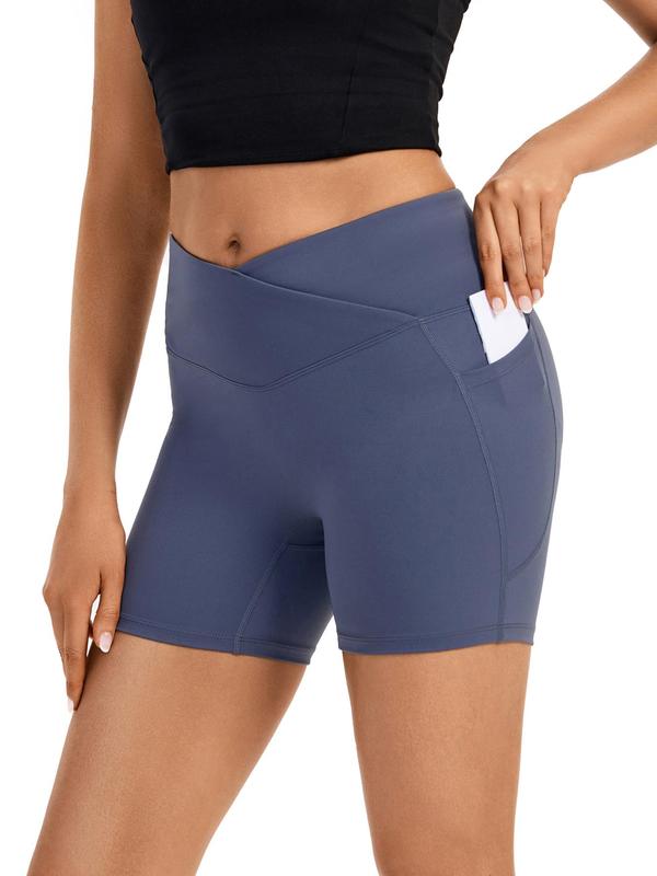 Women's Plain Cross Wrap High Waist Sports Gym Shorts, Casual Comfy Breathable Pocket Biker Shorts for Gym Yoga Workout Running, Ladies Sportswear for All Seasons