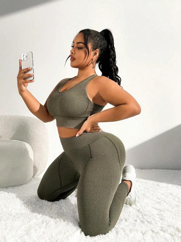  Solid Criss Cross Crop Tank Top & Ruched High Waist Leggings Tracksuit Set, Fall Clothes, Sporty Scoop Neck Sleeveless Top & Skinny Pants Two-piece Outfits for Gym Workout Running, Women's Sportswear for All Seasons