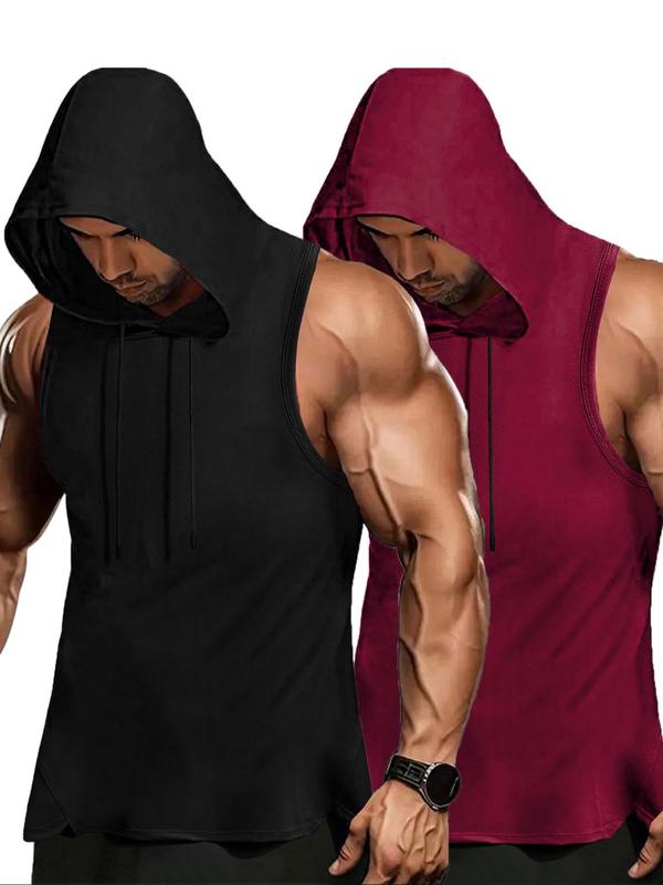 Men's Solid Drawstring Hooded Top, Casual Sleeveless Hoodie for Summer, Breathable Men's Top for Outdoor Sports