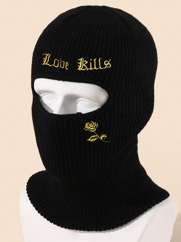 Unisex Sporty Letters & Rose Embroidered Balaclava Hat, Y2k Trendy Cycling Soft Balaclava Cap, Warm Ski Mask, Comfy All-match Punk Accessories for Fall & Winter