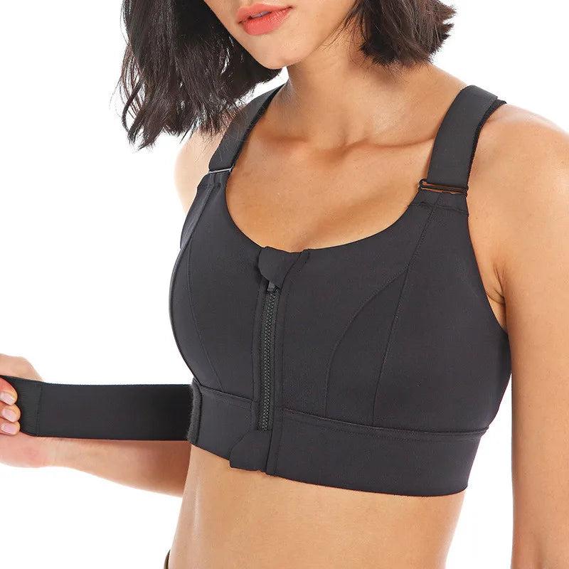 Women's Front Zipper Sports Bra, Plus Size Adjustable Strap