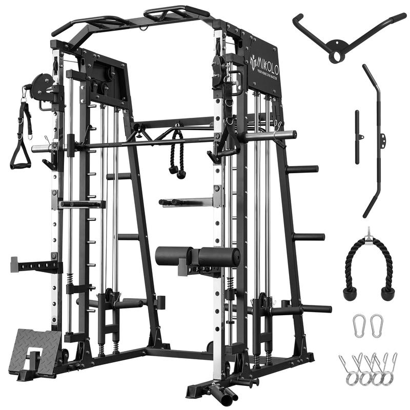 Mikolo Smith Machine, 2200lbs Squat Rack with LAT-Pull Down System & Cable Crossover Machine, Training Equipment with Leg Hold-Down Attachment